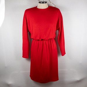 Vintage Christian Dior 80s Red 100% Wool Sweater Dress Pockets Elastic Small